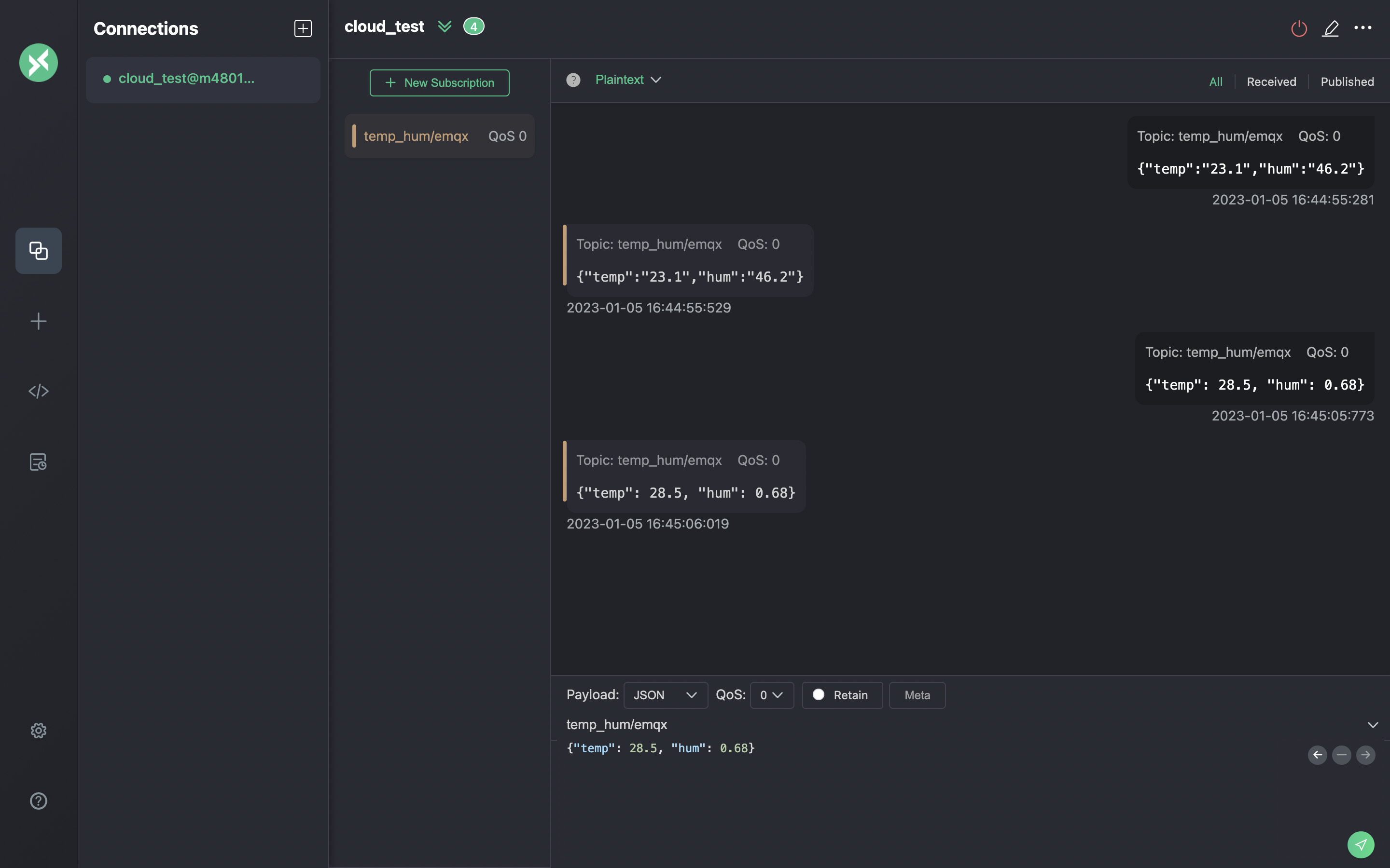 메시지 작성 화면을 보여 주는 MQTTX Publish MQTT Messages 인터페이스